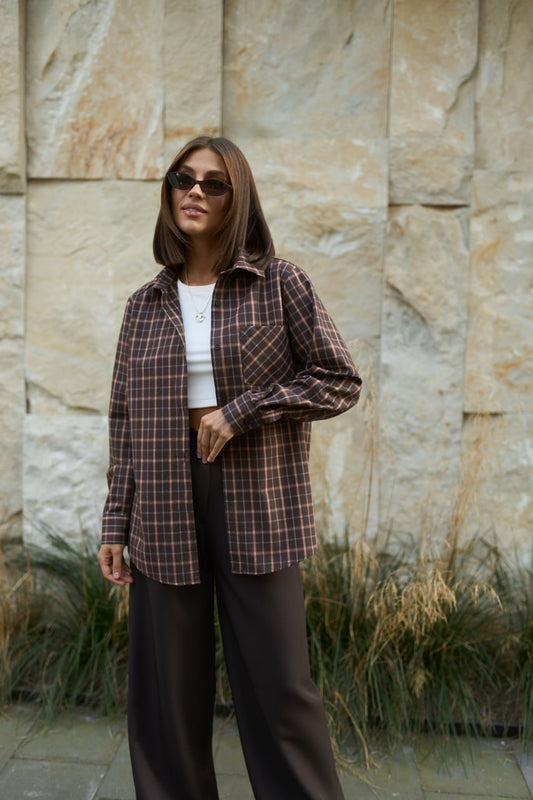 Сорочка жіноча Oversize в клітинку коричнева